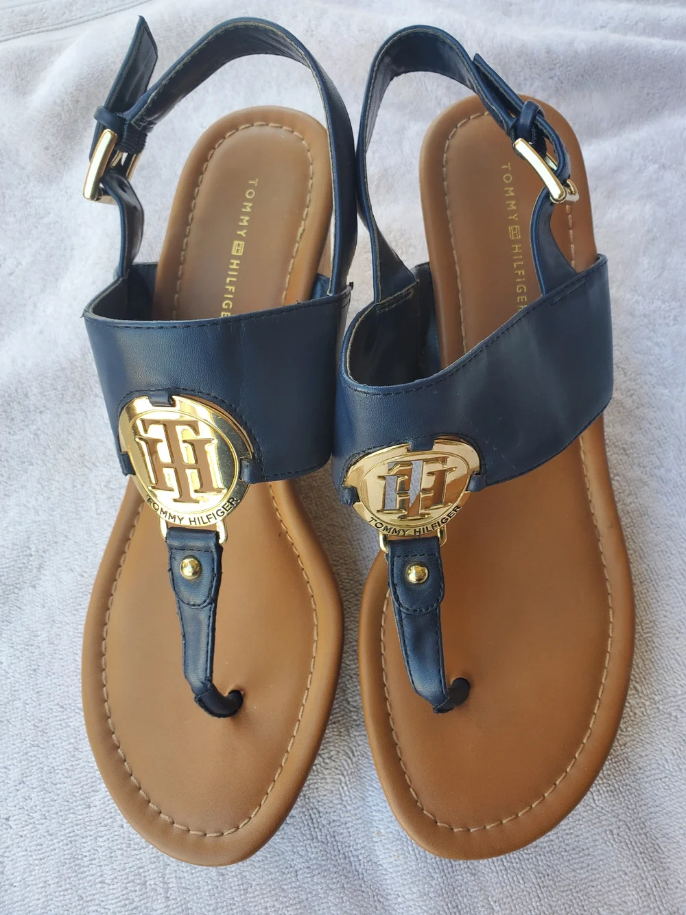 Tommy Hilfiger Navy and Tan Wedge Thong Sandals with Gold Logo
